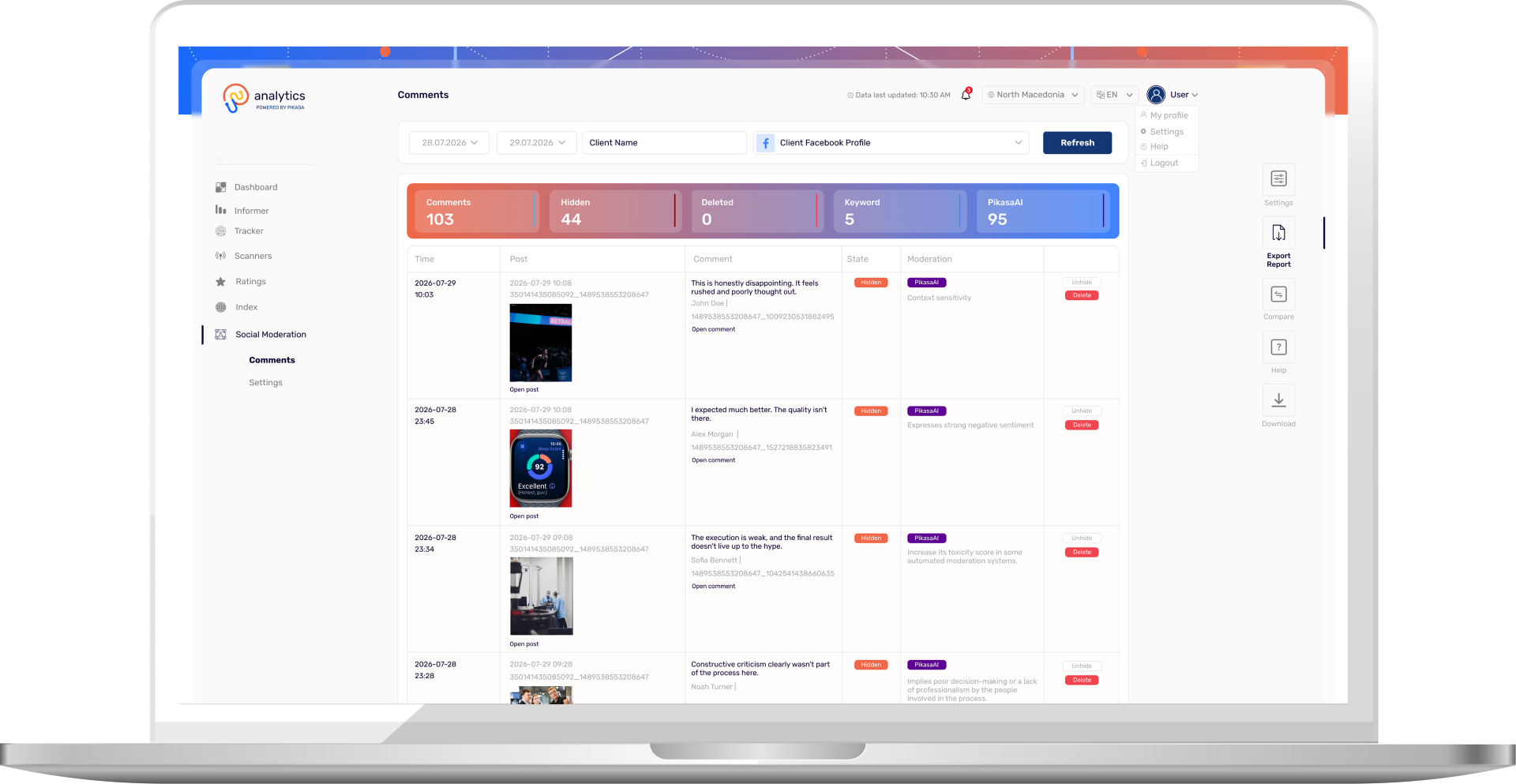 Analytics.Live Comment Moderation dashboard displayed on a laptop